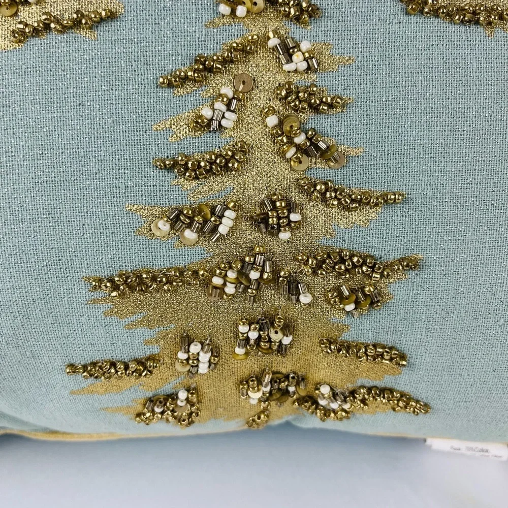 Liberty Beaded Christmas Holiday Tree Accent Throw Pillow Teal Gold Bronze